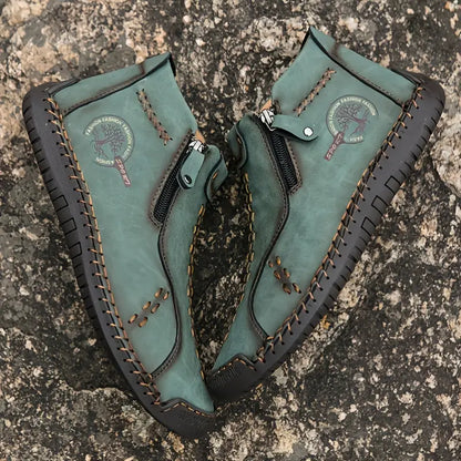 Men's Handmade Boots, Classic Stitching Ankle Boots, Outdoor Casual Zipper Shoes