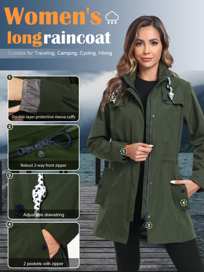Rain Jacket Women'S Waterproof Hood Transition Jacket Long with Breathable Lining Trench Coat Windbreaker