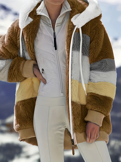 Color Block Fuzzy Hooded Coat, Casual Winter Outerwear.