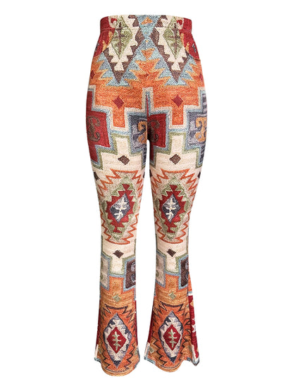 Calças modeladoras geométricas xadrez] Calças modeladoras digitais geométricas xadrez patchwork estampadas - Estilo europeu e americano - Micro calças boca de sino para mulheres