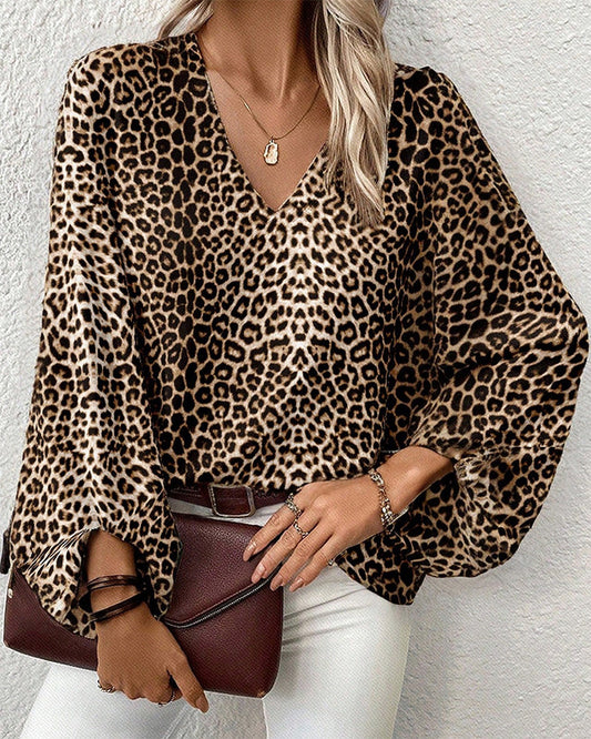 Penelope™ - Top com estampa de leopardo e decote em V estiloso 