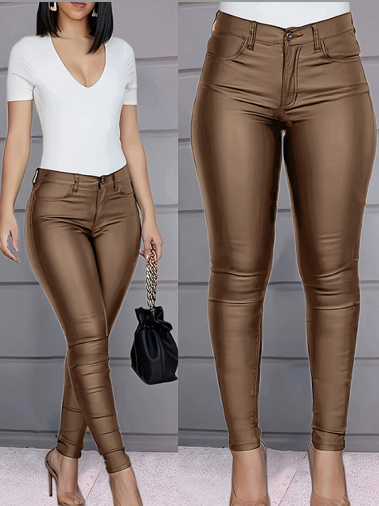 Jeans Skinny Revestido Feminino - Couro Sintético Cintura Alta, Jeans Elástico, Moda Outono