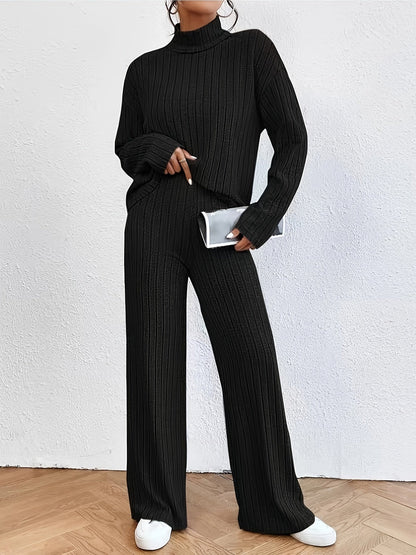 Solid Ribbed Two-piece Set, Mock Neck T-shirt & Wide Leg Pants