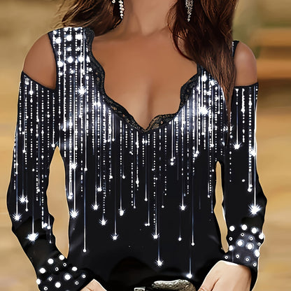 Camiseta com decote em V e acabamento em renda, blusa elegante com ombros descobertos para primavera e outono.