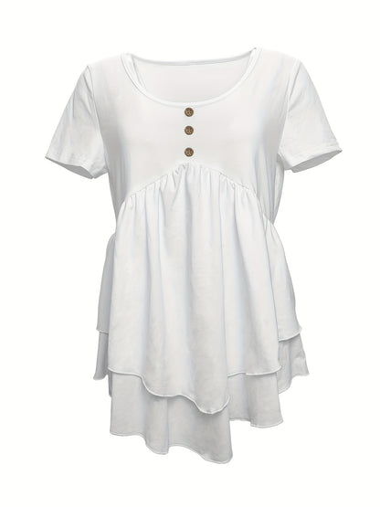 Camiseta de gola redonda de cor sólida, blusa flare com botões na frente e em camadas para primavera/verão.