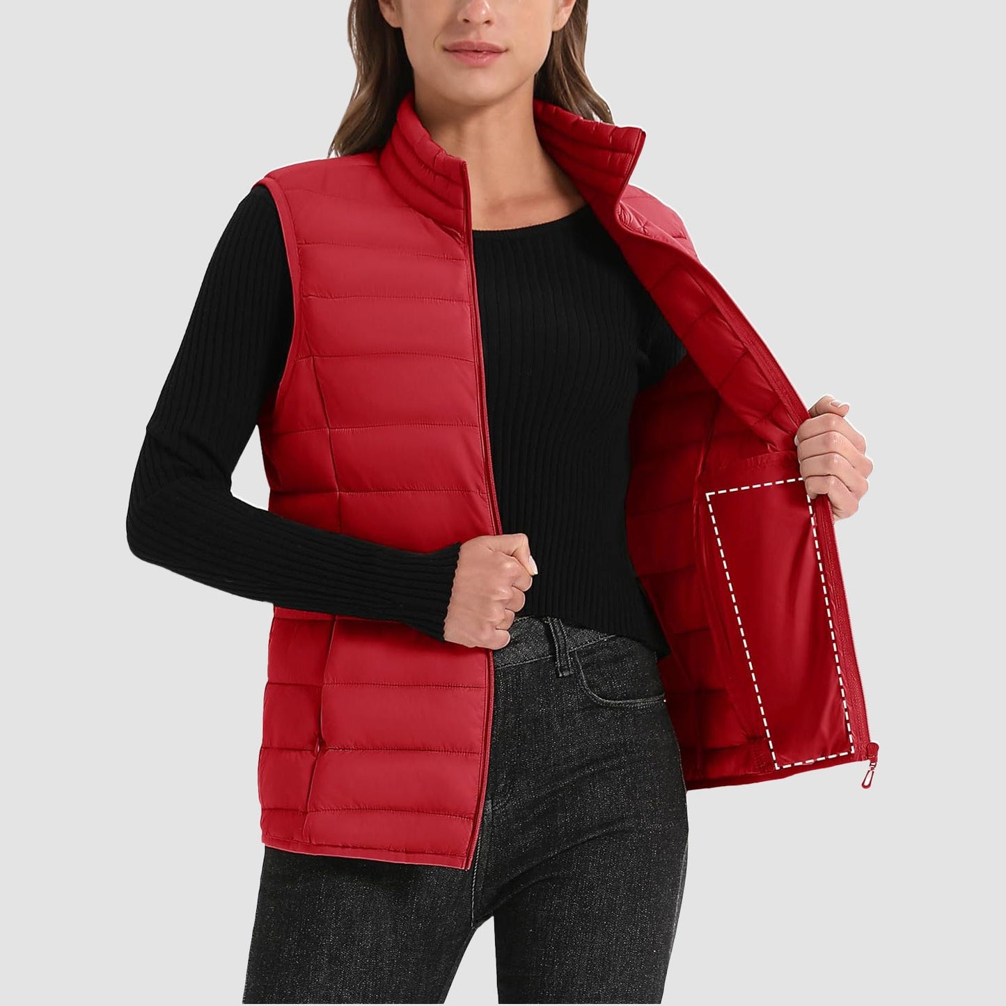 Pufferweste für Damen, leicht, Stehkragen, Reißverschluss, 4 Taschen, bauschige Westen, ärmellos, gesteppt, gepolsterte Oberbekleidung