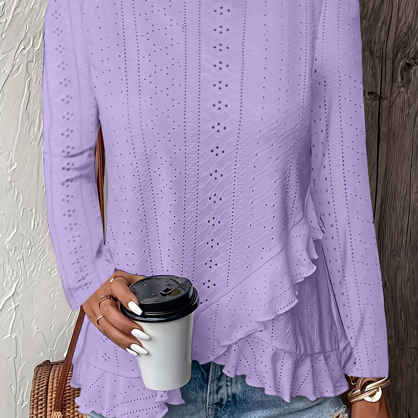 Camiseta feminina de manga comprida com babados e gola redonda, elegante e estilosa, primavera e outono, confortável e respirável, tecido jacquard de cor sólida