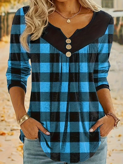 Camiseta xadrez com decote em V para mulheres, estilo boho, mangas compridas.