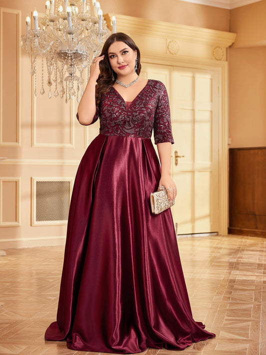 Elegant Navy Blue Sequin V-Neck Dress with Slim Fit Waist - Mid-Sleeve, A-Line Wedding & Banquet Gown, Polyester, Hand Washable