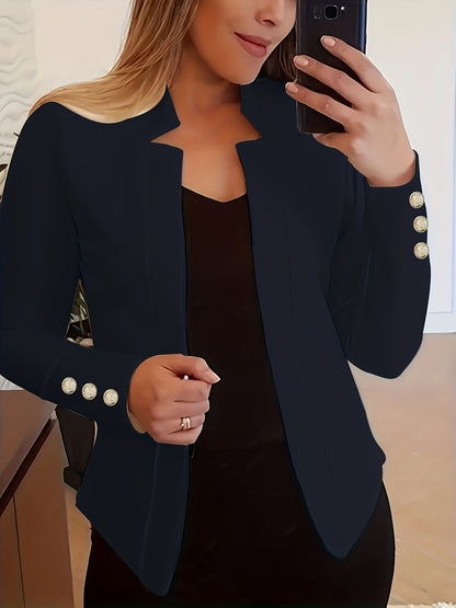 Solid Open Front Blazer, Casual Long Sleeve Button Blazer For Office & Work, Women's Clothing