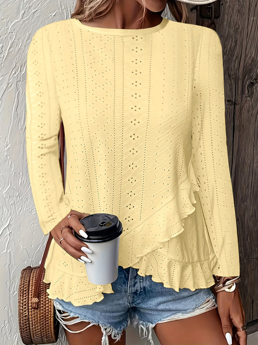 Camiseta feminina de manga comprida com babados e gola redonda, elegante e estilosa, primavera e outono, confortável e respirável, tecido jacquard de cor sólida