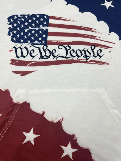 Moletom com capuz com estampa de bandeira americana e cordão, moletom casual de manga comprida com bolso canguru, roupas femininas