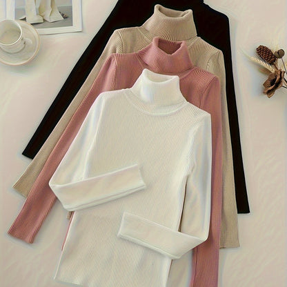 Solid Turtleneck Rib Knit Top 4-Pack - Casual Long Sleeve Slim Sweater