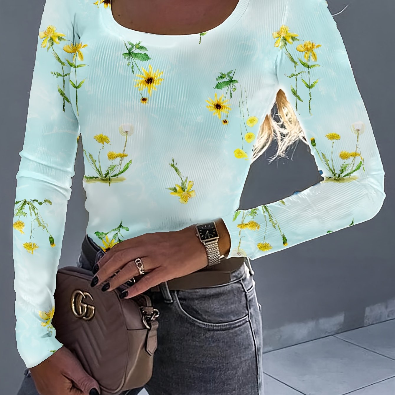 Camiseta casual de poliéster com estampa floral e gola redonda, 200g/㎡, comprimento regular, tecido de malha, para mulheres, primavera/verão