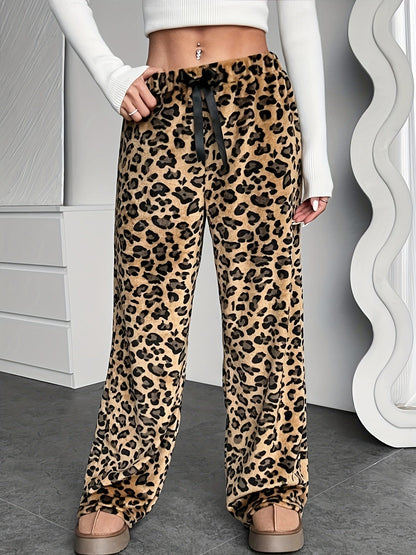 Leopard Print Drawstring Pants - Fuzzy Teddy, Straight Leg