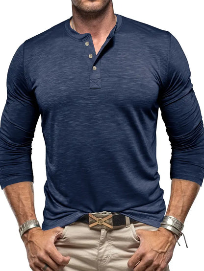 Camiseta masculina de manga comprida com gola Henry e três fivelas
