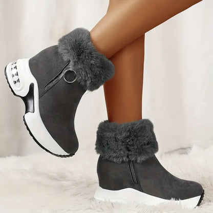 Botas de plataforma femininas - zíper suave, estilo robusto, forro de pelúcia