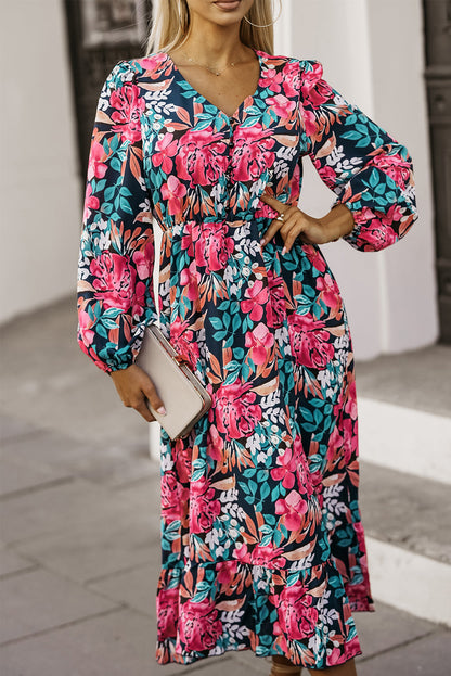Vestido floral com decote em V elástico cintura alta e fenda