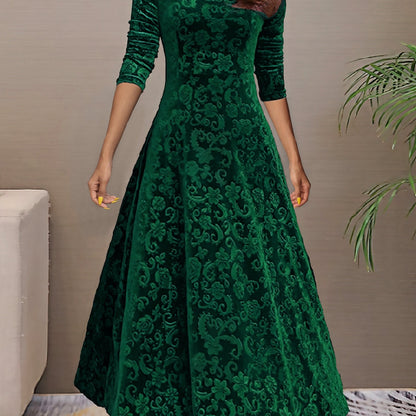 Vestido longo liso, decote em V, manga comprida, estilo elegante para primavera/outono.