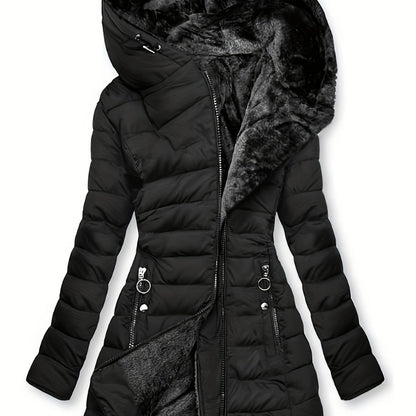 Zip-up Hoodie Puffy Coat, Faux Fur Lined, Casual Winter Coat