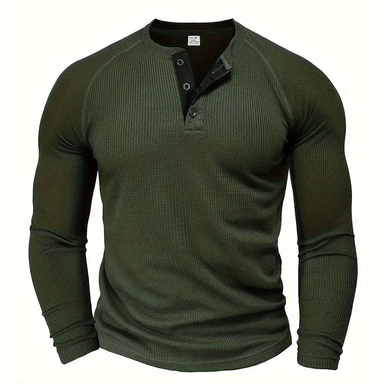 Camisa Henley Masculina Sólida, Manga Longa, Gola Redonda, Meio Botão