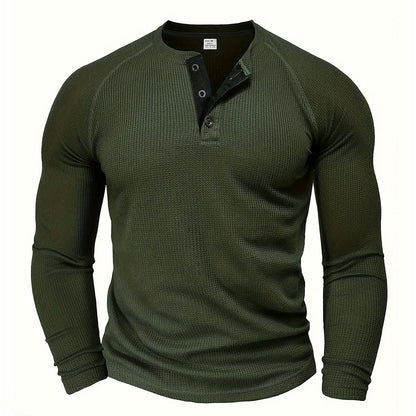 Camisa Henley Masculina Sólida, Manga Longa, Gola Redonda, Meio Botão