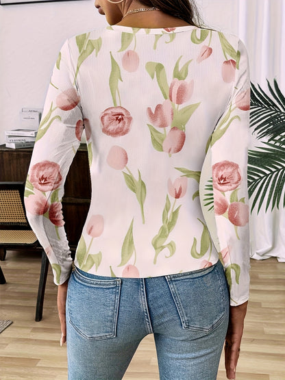 Camiseta casual de poliéster com estampa floral e gola redonda, 200g/㎡, comprimento regular, tecido de malha, para mulheres, primavera/verão