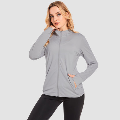 Damen UV-Sonnenschutzmantel, Hemden, langärmelig, schnelltrocknend, für Workout, Wandern, sportlich, leichte Pufferjacke mit Kapuze