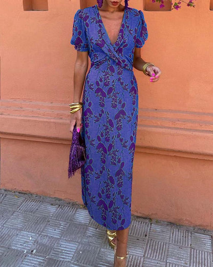 Aria™ - Vestido elegante com decote em V profundo e padrão de folhas