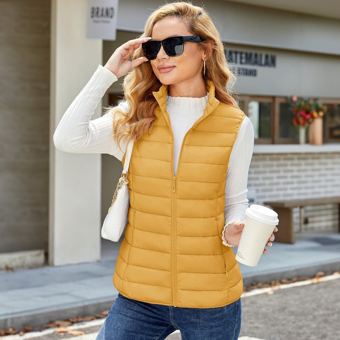 Pufferweste für Damen, leicht, Stehkragen, Reißverschluss, 4 Taschen, bauschige Westen, ärmellos, gesteppt, gepolsterte Oberbekleidung