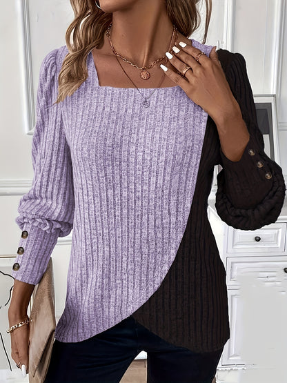 Asymmetrical Square Neck Knit Top, Long Sleeve, Spring/Fall.