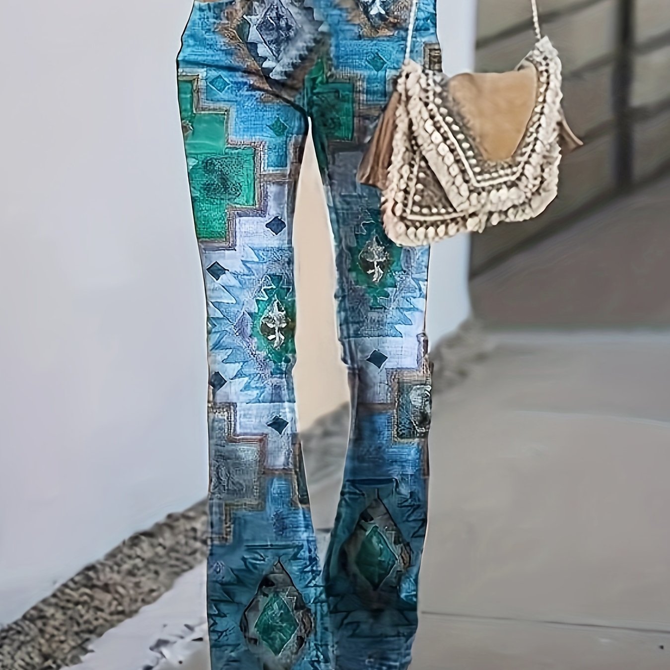 Calças modeladoras geométricas xadrez] Calças modeladoras digitais geométricas xadrez patchwork estampadas - Estilo europeu e americano - Micro calças boca de sino para mulheres