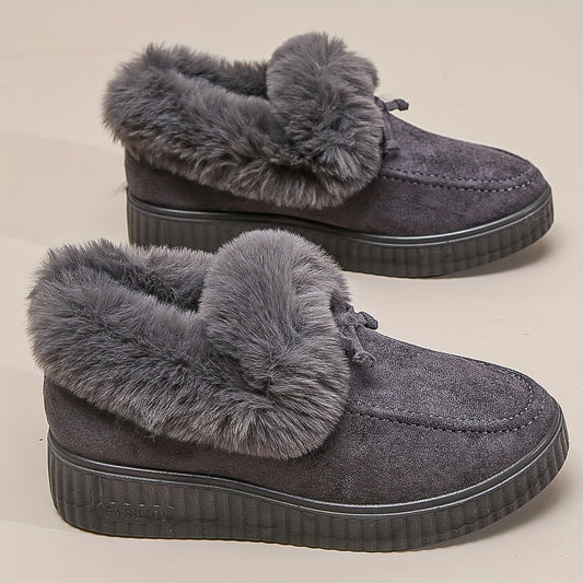 Botas femininas de cor sólida, decoração com laço, bico redondo, antiderrapante, sola grossa e macia, botas quentes de veludo fofo, sapatos confortáveis ​​de inverno