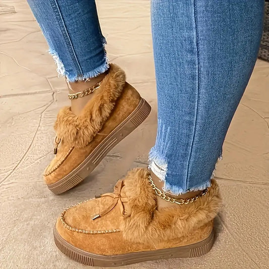Pelzige Schneestiefel für Damen – Schleife, Plüschfutter, warme flache Stiefeletten