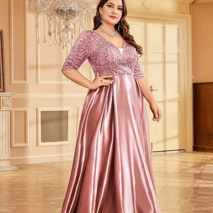 Elegante vestido azul marinho com decote em V e lantejoulas e cintura justa - Vestido de casamento e banquete de manga média e corte A, poliéster, lavável à mão