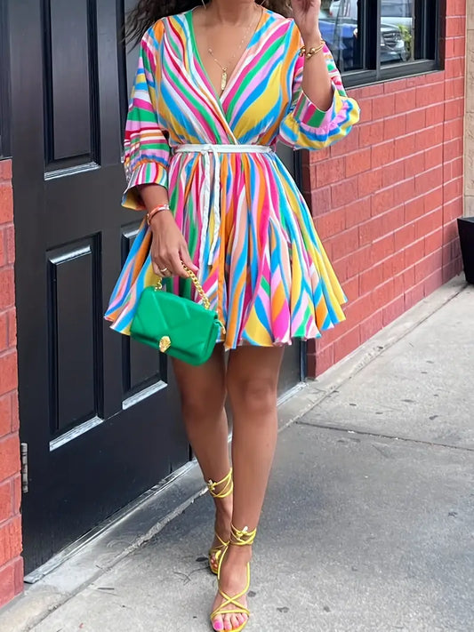 Colorful Striped V-Neck Belted A-Line Dress – Long Sleeve, Machine Washable, Vibrant Streetwear