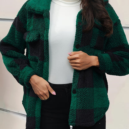 Elegant Plush Winter Jacket - Polyester and Elastane, Checkered Pattern, High Stretch Fabric, Machine Washable, Knitted Style