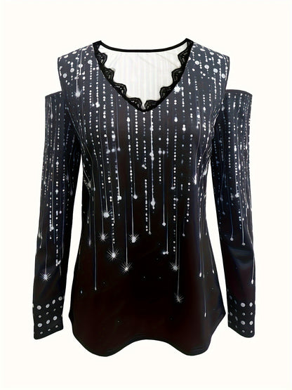 Camiseta com decote em V e acabamento em renda, blusa elegante com ombros descobertos para primavera e outono.