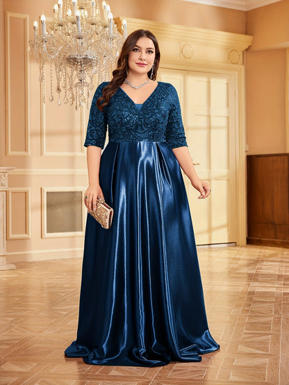 Elegante vestido azul marinho com decote em V e lantejoulas e cintura justa - Vestido de casamento e banquete de manga média e corte A, poliéster, lavável à mão