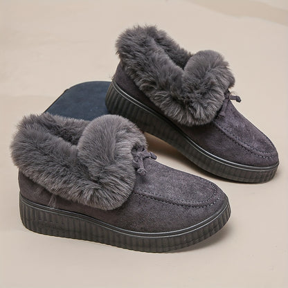 Women's Solid Color Boots, Bowknot Decor Round Toe Non-slip Soft Thick Sole Fluffy Velvet Warm Boots, Winter Comfy Shoes