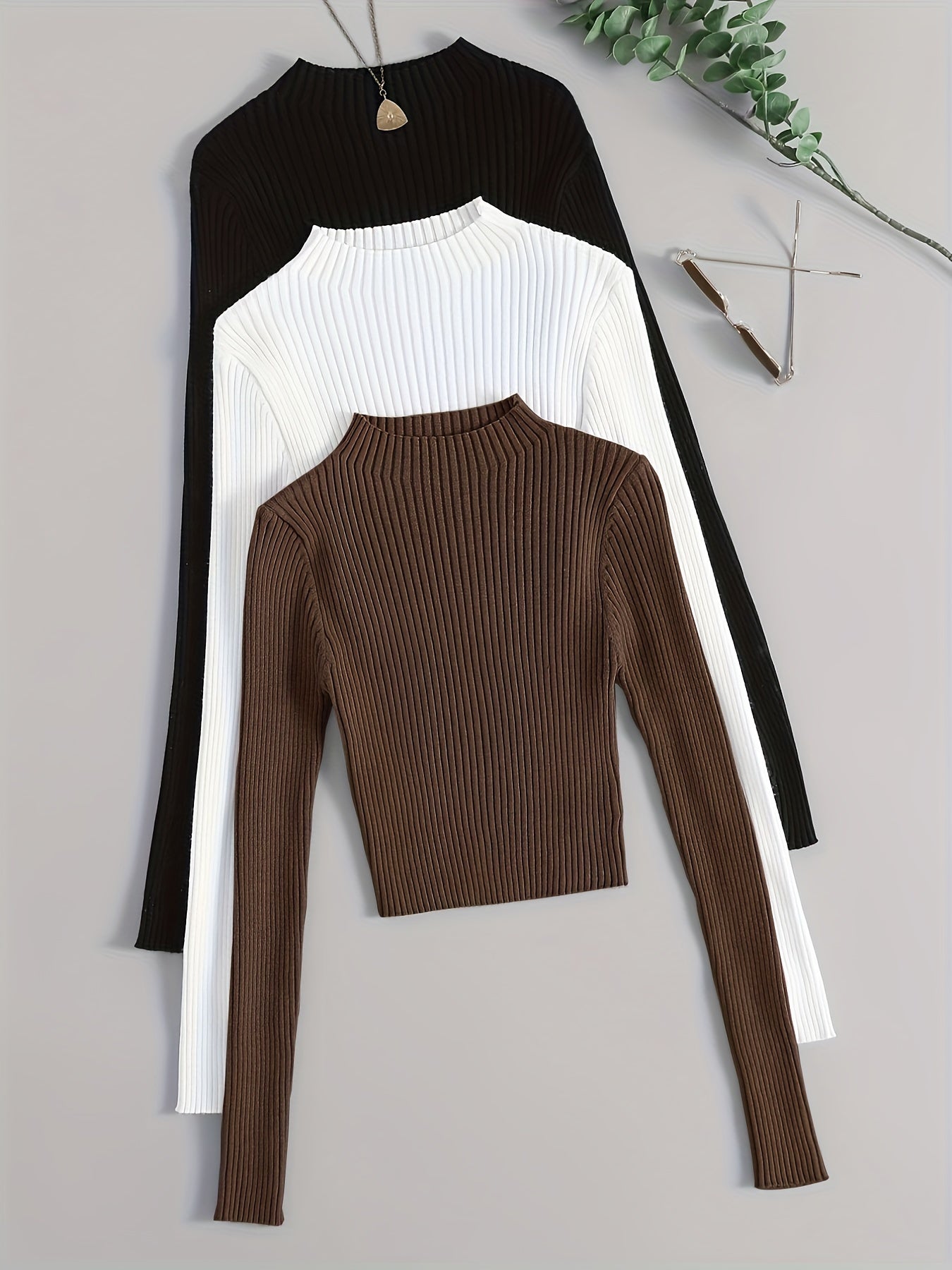 Solid Mock Neck Rib Knit Top 3-Pack - Casual Long Sleeve Slim Sweater