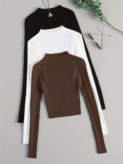 Solid Mock Neck Rib Knit Top 3-Pack - Casual Long Sleeve Slim Sweater