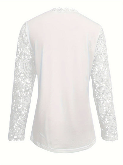 T-Shirt mit Guipure-Spitze und Muschelbesatz, elegantes Langarmshirt für Frühling/Herbst.