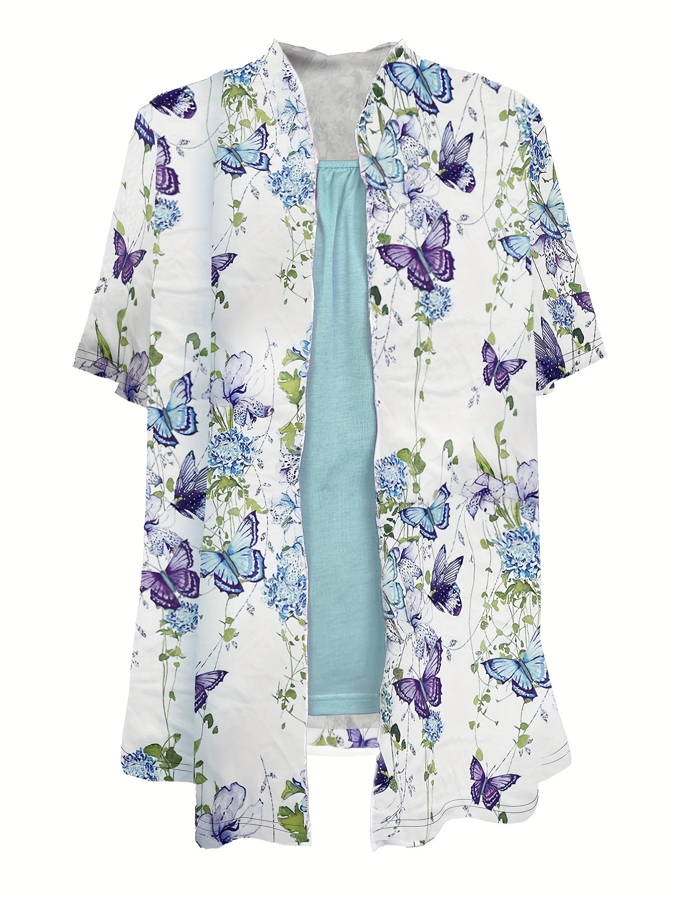 [Chic Butterfly Print Top] Vibrant Spring/Summer Chic Butterfly Print Top - Casual Crew Neck, Short Sleeve, Stretchy Polyester Blend, Machine Washable Faux Layered Pullover with Floral Accents