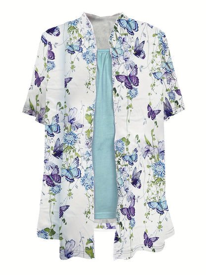 [Chic Butterfly Print Top] Vibrant Spring/Summer Chic Butterfly Print Top - Casual Crew Neck, Short Sleeve, Stretchy Polyester Blend, Machine Washable Faux Layered Pullover with Floral Accents