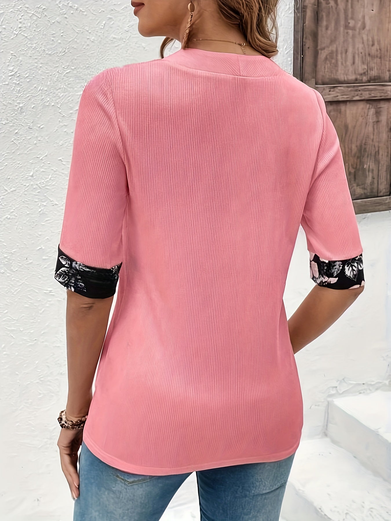 Floral Print Splice 2 In 1 T-shirt, Elegant Short Sleeve Square Neck Top, Women's Clothing