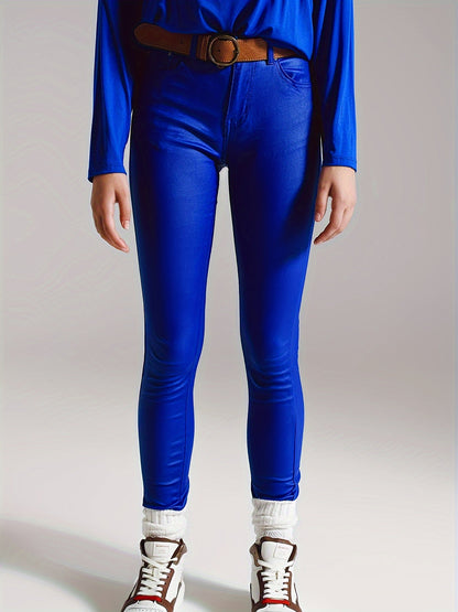 Beschichtete Skinny Jeans für Damen – High-Waist-Kunstleder, dehnbarer Denim, Herbstmode