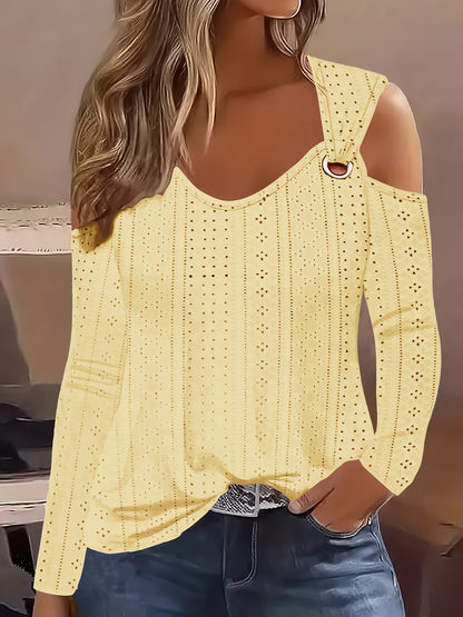 Camiseta com ombros descobertos e ilhós, blusa casual de manga comprida para primavera e outono.