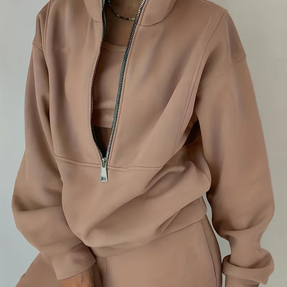 Solid Two-piece Set, Zip Front Sweatshirt & Elastic Waist Pants