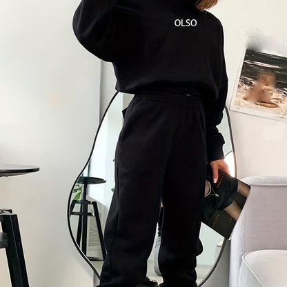 Casual Two-Piece Set - Letter Print Hooded Sweatshirt & Elastic Waist Sweatpants